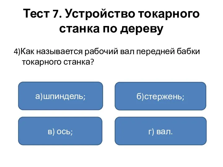 Тест 7. Устройство токарного станка по дереву 4)Как называется рабочий вал передней