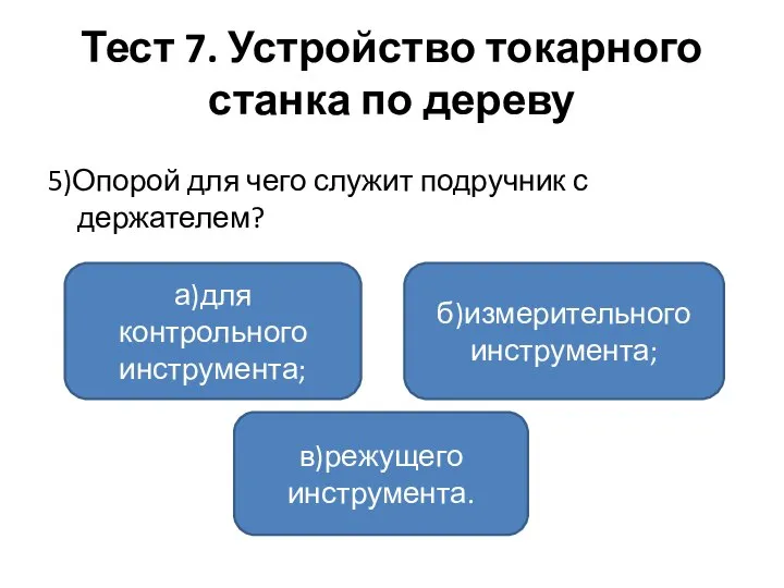 Тест 7. Устройство токарного станка по дереву 5)Опорой для чего служит подручник