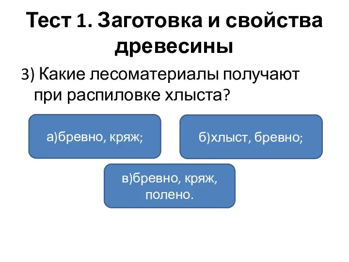 Тест 1. Заготовка и свойства древесины 3) Какие лесоматериалы получают при распиловке