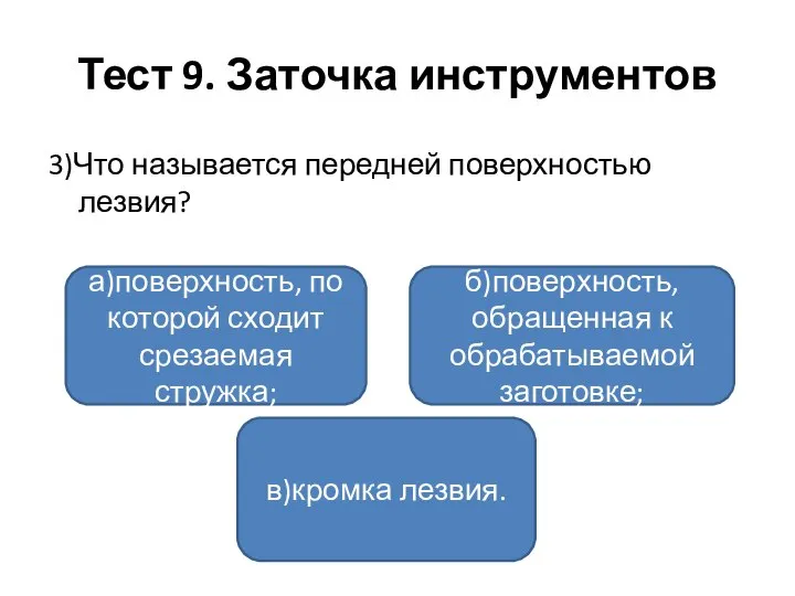 Тест 9. Заточка инструментов 3)Что называется передней поверхностью лезвия? а)поверхность, по которой