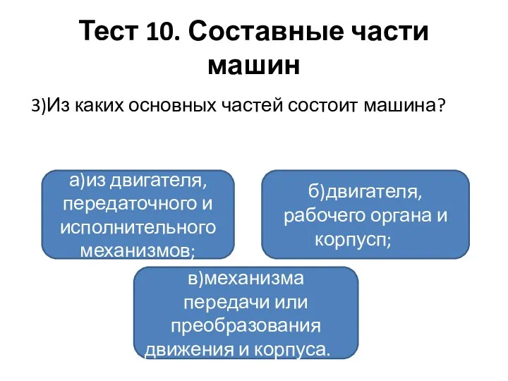 Тест 10. Составные части машин 3)Из каких основных частей состоит машина? а)из