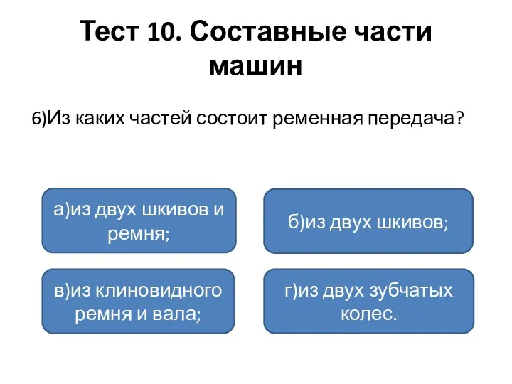 Тест 10. Составные части машин 6)Из каких частей состоит ременная передача? а)из