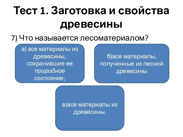 Тест 1. Заготовка и свойства древесины 7) Что называется лесоматериалом? а) все