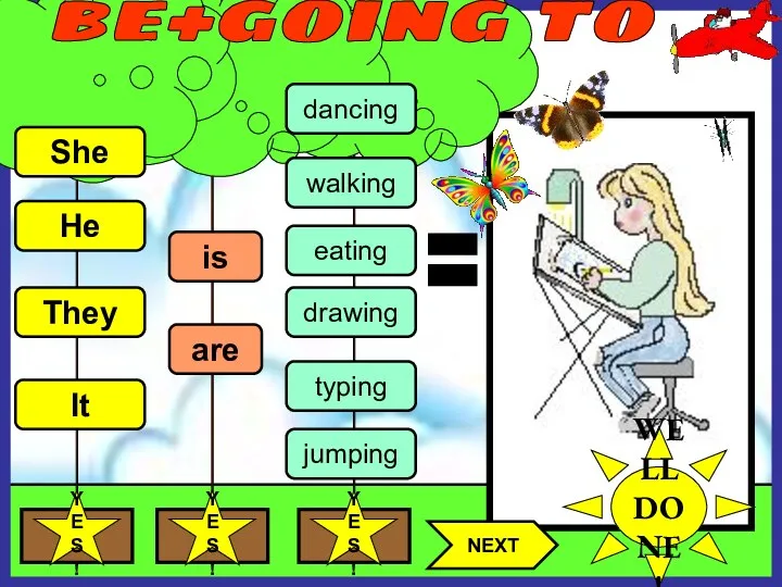 She He They It dancing drawing eating walking typing jumping is are