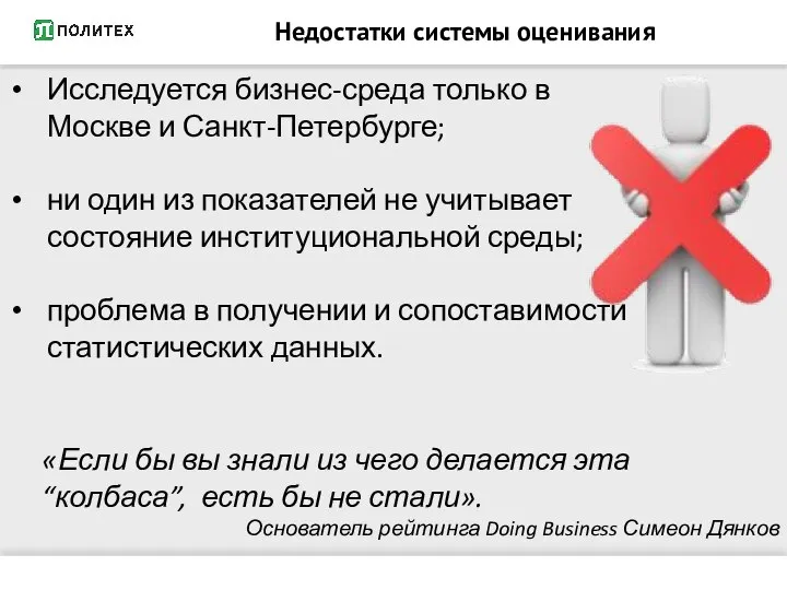 Исследуется бизнес-среда только в Москве и Санкт-Петербурге; ни один из показателей не