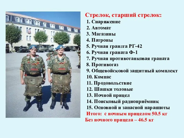 Стрелок, старший стрелок: 1. Снаряжение 2. Автомат 3. Магазины 4. Патроны 5.