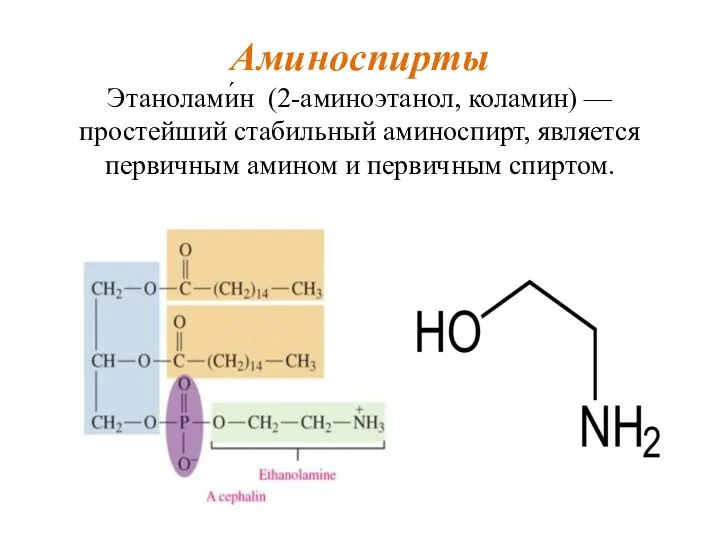 Аминоспирты Этанолами́н (2-аминоэтанол, коламин) — простейший стабильный аминоспирт, является первичным амином и первичным спиртом.