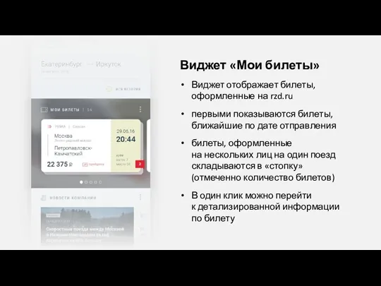 Виджет «Мои билеты» Виджет отображает билеты, оформленные на rzd.ru первыми показываются билеты,