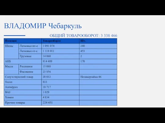 ВЛАДОМИР Чебаркуль ОБЩИЙ ТОВАРООБОРОТ: 3 338 466