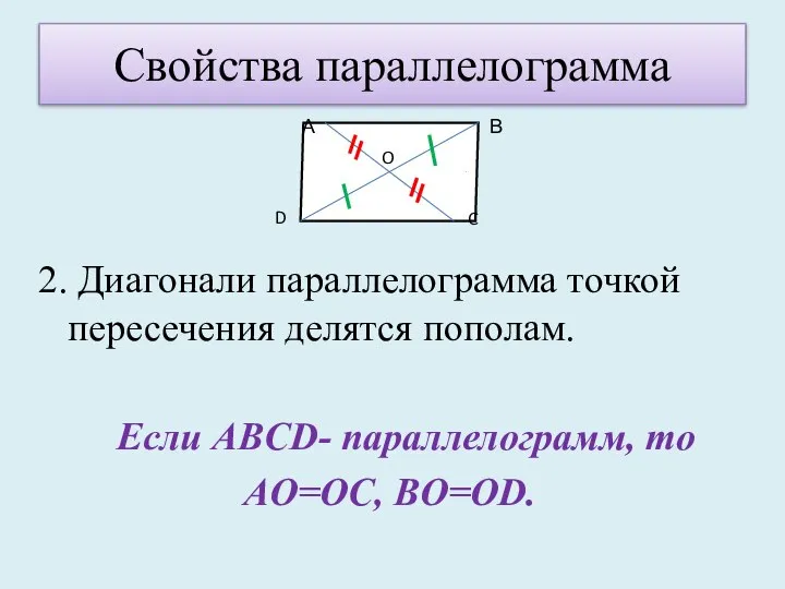 Свойства параллелограмма 2. Диагонали параллелограмма точкой пересечения делятся пополам. Если ABCD- параллелограмм,