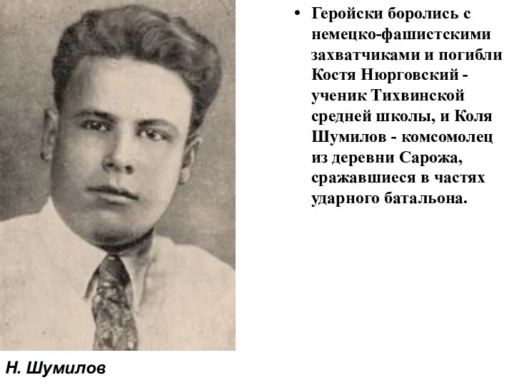 Геройски боролись с немецко-фашистскими захватчиками и погибли Костя Нюрговский - ученик Тихвинской