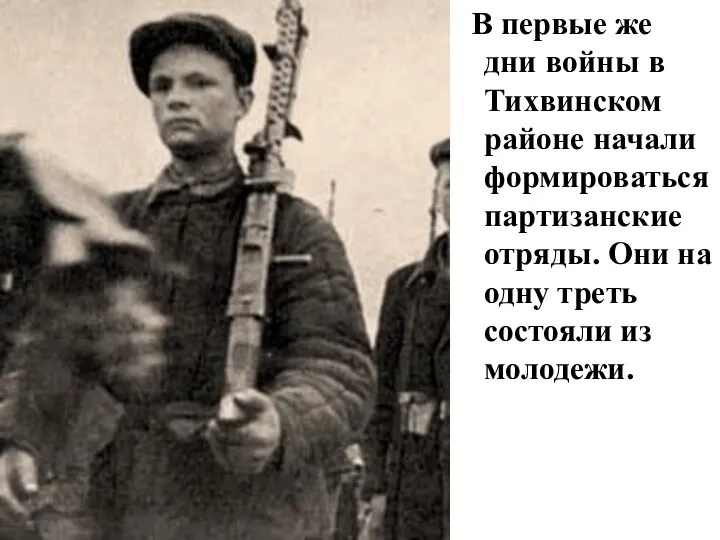 В первые же дни войны в Тихвинском районе начали формироваться партизанские отряды.