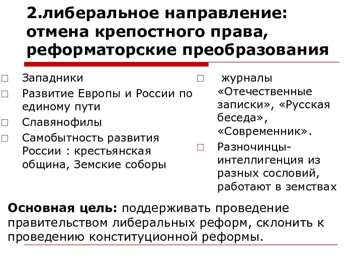 2.либеральное направление: отмена крепостного права, реформаторские преобразования Западники Развитие Европы и России