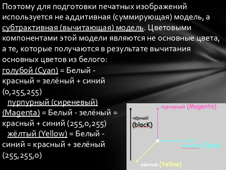 Поэтому для подготовки печатных изображений используется не аддитивная (суммирующая) модель, а субтрактивная