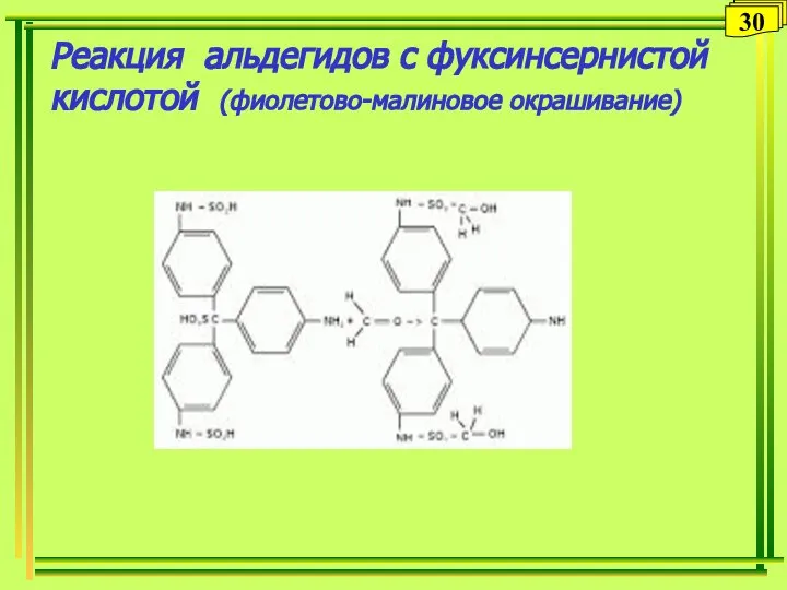 Реакция альдегидов с фуксинсернистой кислотой (фиолетово-малиновое окрашивание) 30