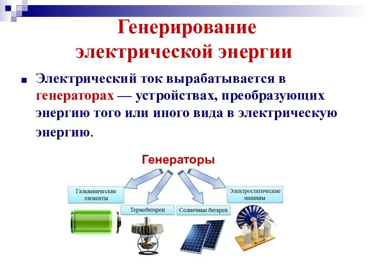 Генерирование электрической энергии Электрический ток вырабатывается в генераторах — устройствах, преобразующих энергию