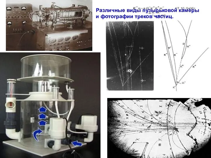Различные виды пузырьковой камеры и фотографии треков частиц.