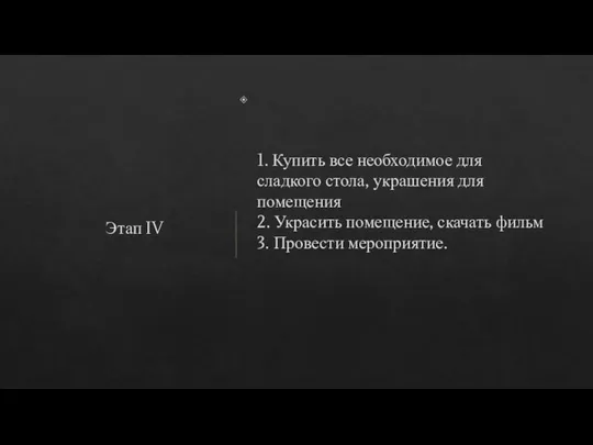 1. Купить все необходимое для сладкого стола, украшения для помещения 2. Украсить