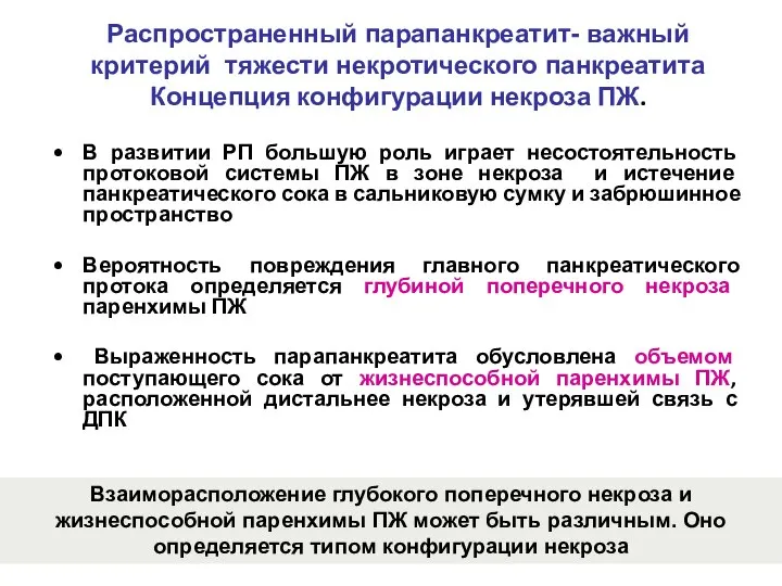 Распространенный парапанкреатит- важный критерий тяжести некротического панкреатита Концепция конфигурации некроза ПЖ. В