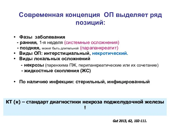 Современная концепция ОП выделяет ряд позиций: Фазы заболевания - ранняя, 1-я неделя