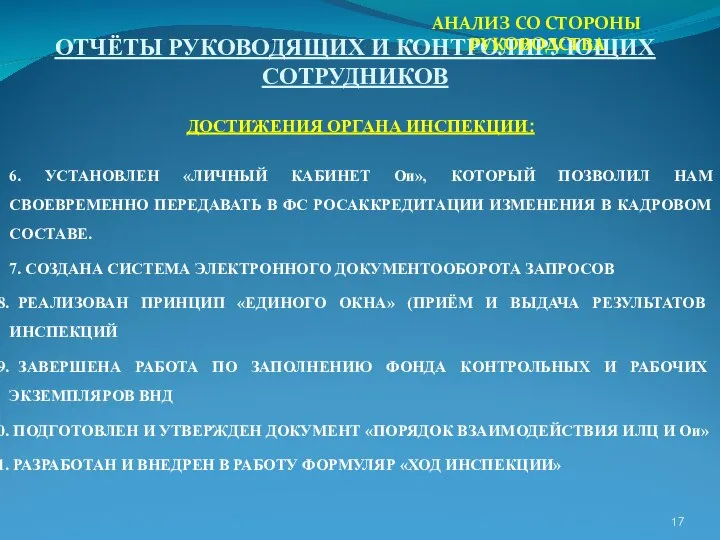 ОТЧЁТЫ РУКОВОДЯЩИХ И КОНТРОЛИРУЮЩИХ СОТРУДНИКОВ ДОСТИЖЕНИЯ ОРГАНА ИНСПЕКЦИИ: 6. УСТАНОВЛЕН «ЛИЧНЫЙ КАБИНЕТ