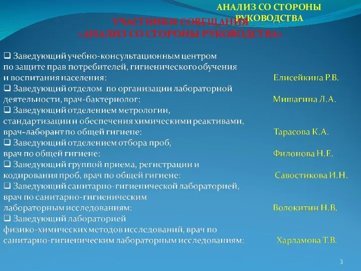 АНАЛИЗ СО СТОРОНЫ РУКОВОДСТВА УЧАСТНИКИ СОВЕЩАНИЯ «АНАЛИЗ СО СТОРОНЫ РУКОВОДСТВА»