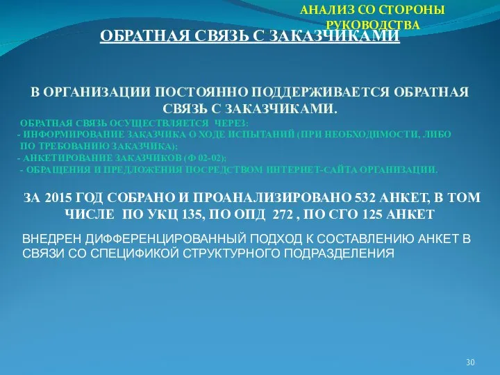 АНАЛИЗ СО СТОРОНЫ РУКОВОДСТВА ОБРАТНАЯ СВЯЗЬ С ЗАКАЗЧИКАМИ В ОРГАНИЗАЦИИ ПОСТОЯННО ПОДДЕРЖИВАЕТСЯ