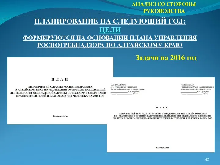 АНАЛИЗ СО СТОРОНЫ РУКОВОДСТВА ПЛАНИРОВАНИЕ НА СЛЕДУЮЩИЙ ГОД: ЦЕЛИ ФОРМИРУЮТСЯ НА ОСНОВАНИИ