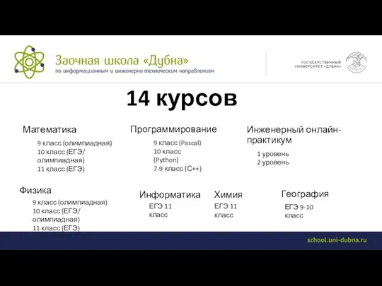 14 курсов Инженерный онлайн-практикум Математика Физика 9 класс (Pascal) 10 класс (Python)