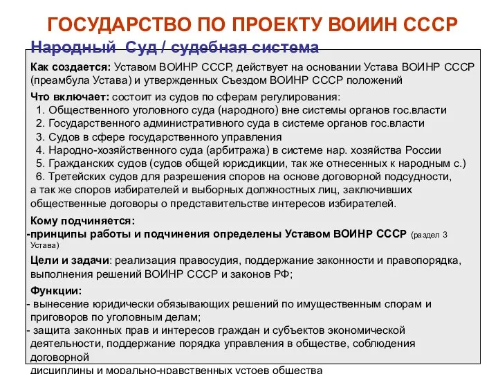 Народный Суд / судебная система Как создается: Уставом ВОИНР СССР, действует на