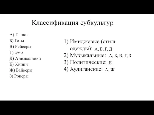 Классификация субкультур А) Панки Б) Готы В) Рейверы Г) Эмо Д) Анимешники