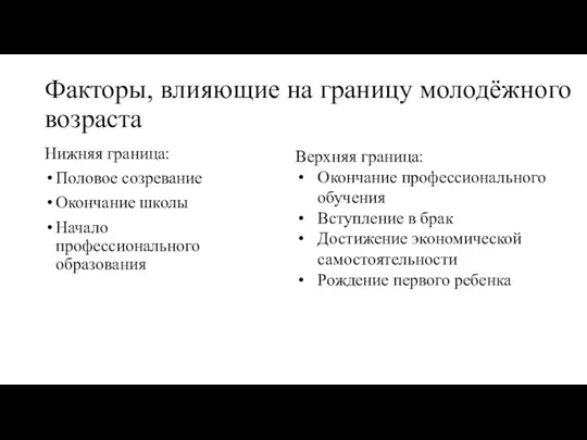 Факторы, влияющие на границу молодёжного возраста Нижняя граница: Половое созревание Окончание школы