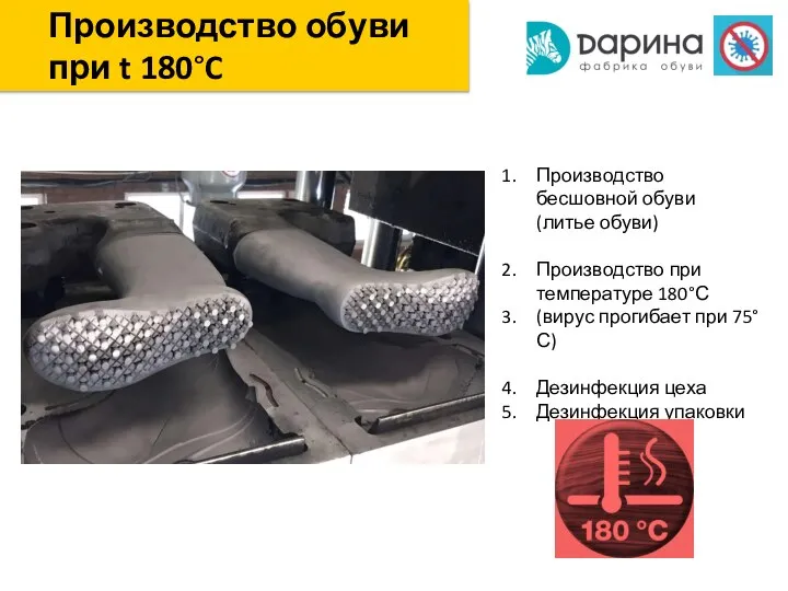 Производство обуви при t 180°C Производство бесшовной обуви (литье обуви) Производство при