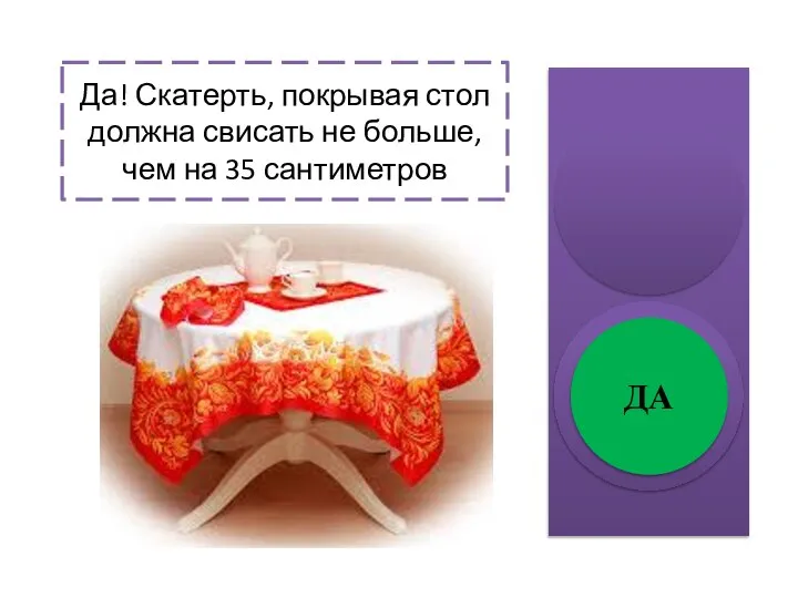 Да! Скатерть, покрывая стол должна свисать не больше, чем на 35 сантиметров ДА