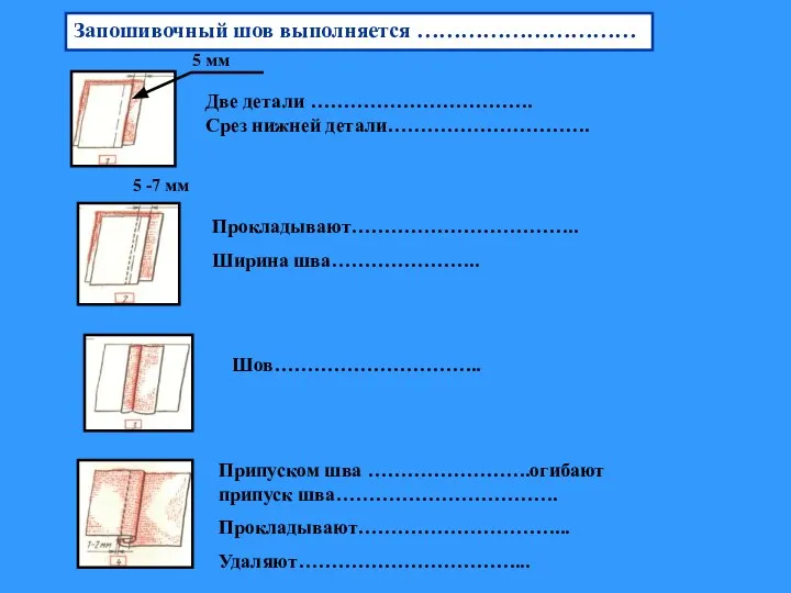 Две детали ……………………………. Срез нижней детали…………………………. Прокладывают…………………………….. Ширина шва………………….. Шов………………………….. Припуском шва