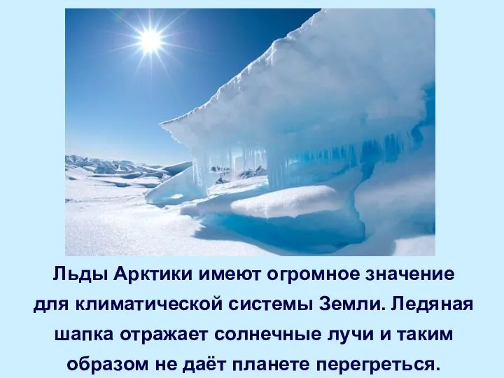 Льды Арктики имеют огромное значение для климатической системы Земли. Ледяная шапка отражает