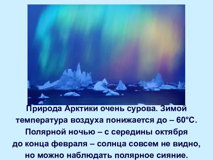 Природа Арктики очень сурова. Зимой температура воздуха понижается до – 60°С. Полярной