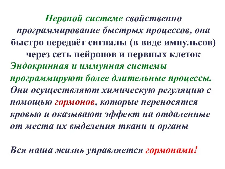 Нервной системе свойственно программирование быстрых процессов, она быстро передаёт сигналы (в виде