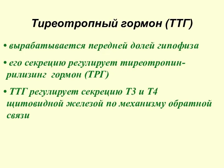 Тиреотропный гормон (ТТГ) вырабатывается передней долей гипофиза его секрецию регулирует тиреотропин-рилизинг гормон