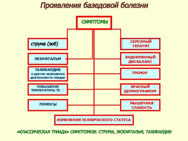 Проявления базедовой болезни СИМПТОМЫ струма (зоб) ЭКЗОФТАЛЬМ ТАХИКАРДИЯ и другие нарушения деятельности