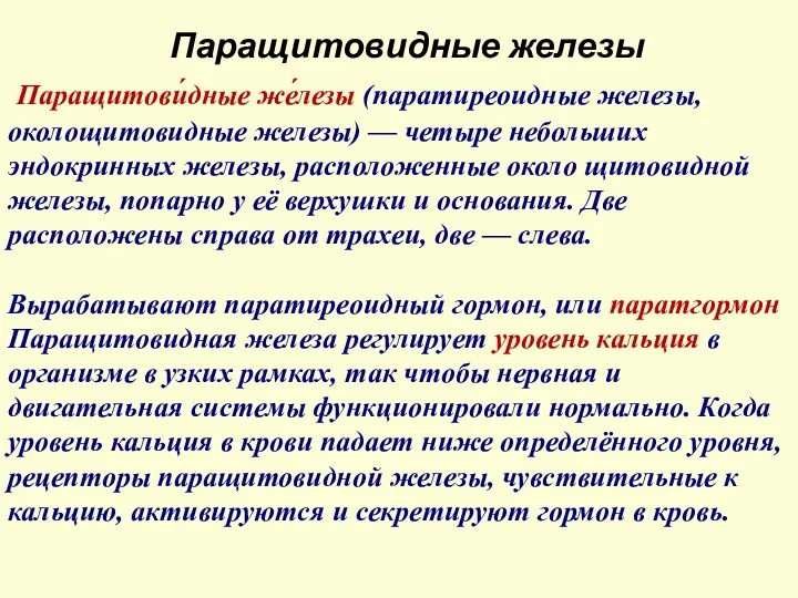 Паращитовидные железы Паращитови́дные же́лезы (паратиреоидные железы, околощитовидные железы) — четыре небольших эндокринных