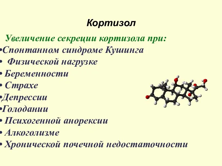 Кортизол Увеличение секреции кортизола при: Спонтанном синдроме Кушинга Физической нагрузке Беременности Страхе