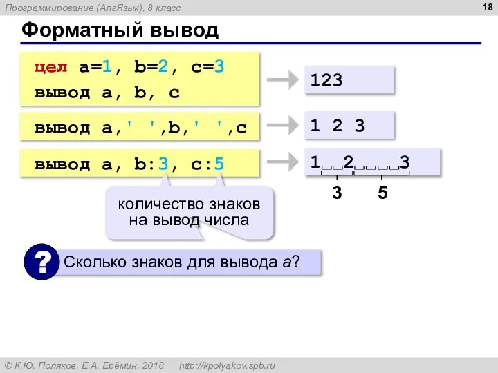 Форматный вывод цел a=1, b=2, c=3 вывод a, b, c 123 вывод