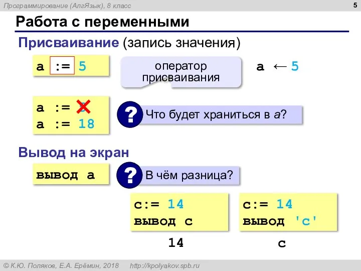 Работа с переменными Присваивание (запись значения) a := 5 := оператор присваивания