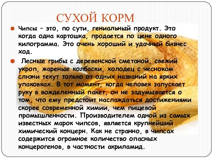 СУХОЙ КОРМ Чипсы – это, по сути, гениальный продукт. Это когда одна