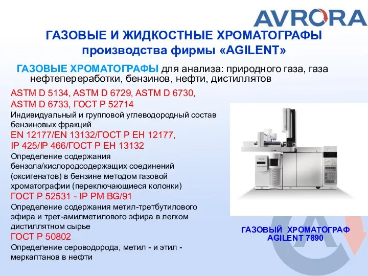 ГАЗОВЫЕ И ЖИДКОСТНЫЕ ХРОМАТОГРАФЫ производства фирмы «AGILENT» ГАЗОВЫЕ ХРОМАТОГРАФЫ для анализа: природного