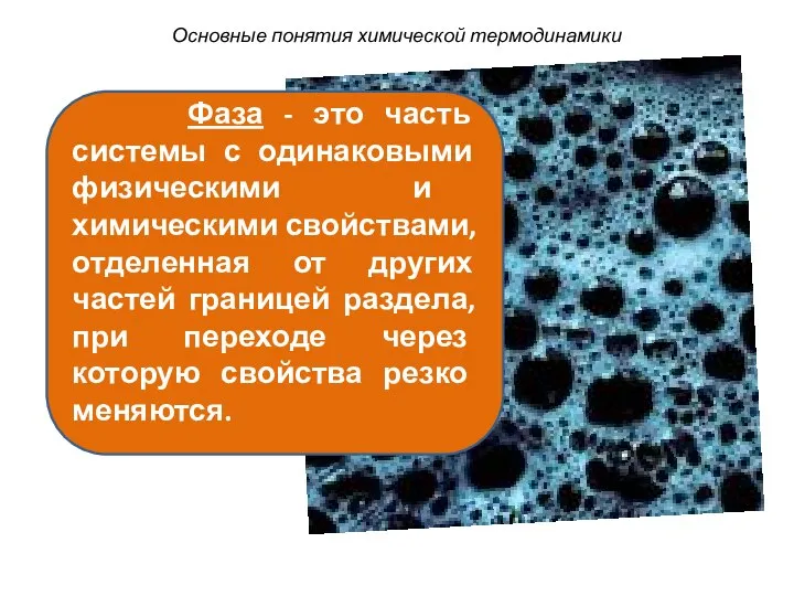 Основные понятия химической термодинамики Фаза - это часть системы с одинаковыми физическими