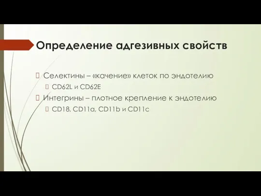 Определение адгезивных свойств Селектины – «качение» клеток по эндотелию CD62L и CD62E