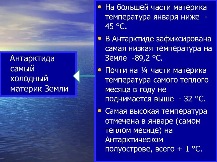 Антарктида самый холодный материк Земли На большей части материка температура января ниже