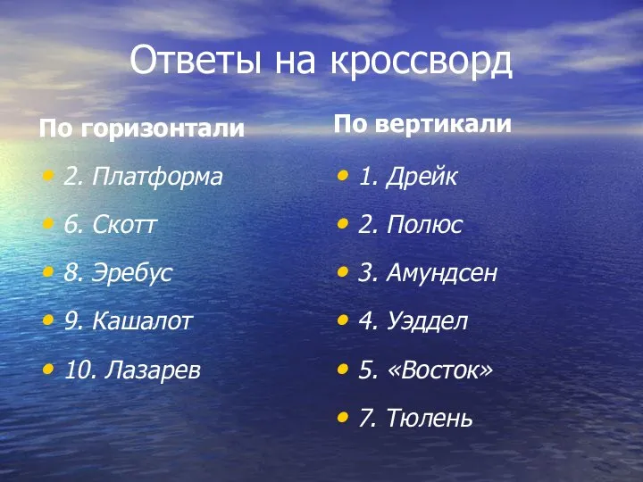 Ответы на кроссворд По горизонтали 2. Платформа 6. Скотт 8. Эребус 9.